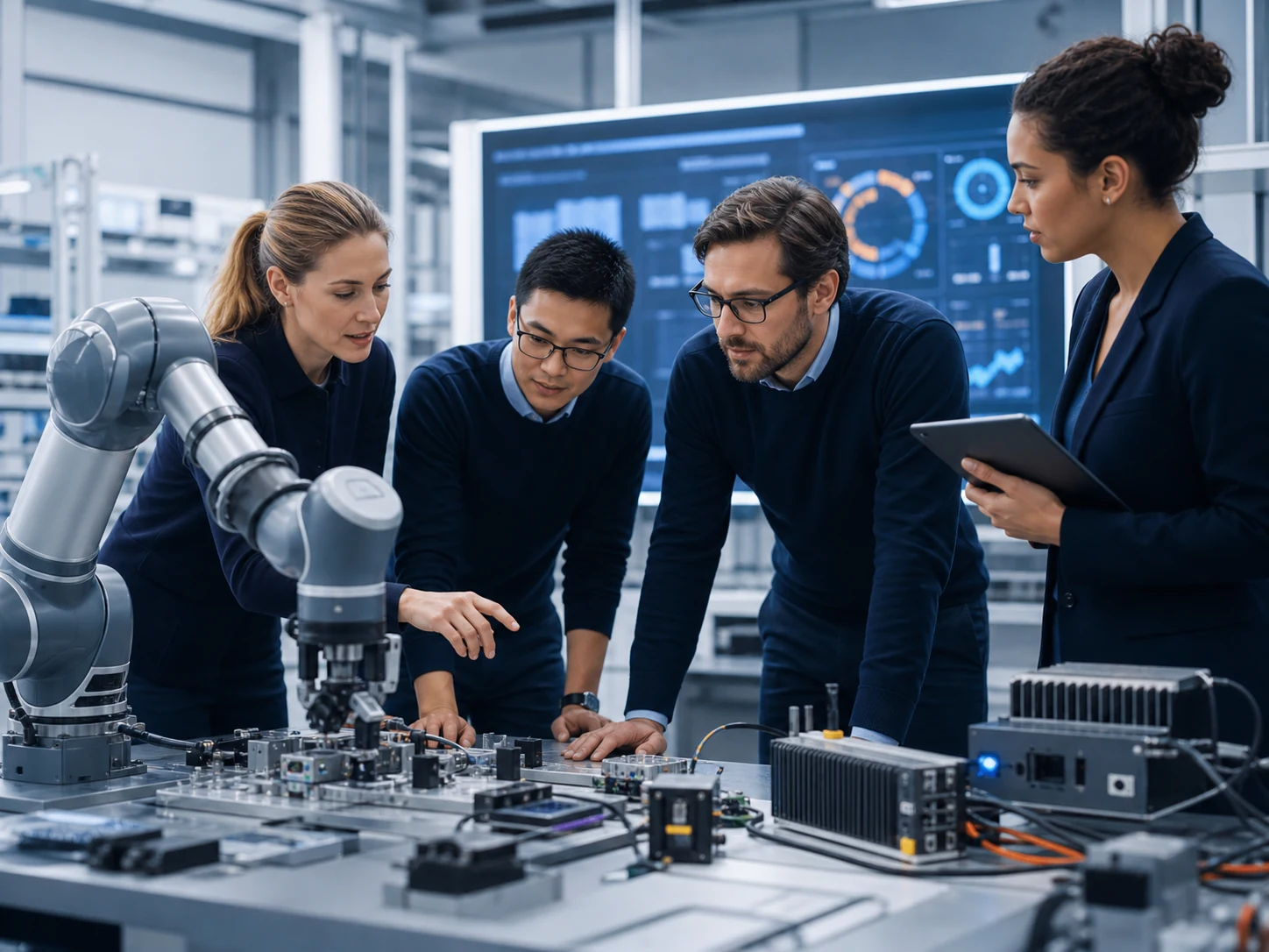 Ingenieurteam arbeitet mit Robotik und industriellen KI-Systemen